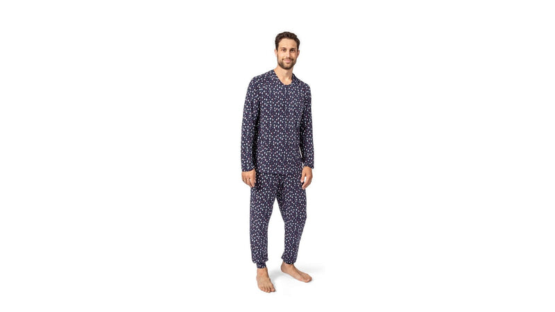 Man wearing PIKA printed bamboo lounge set