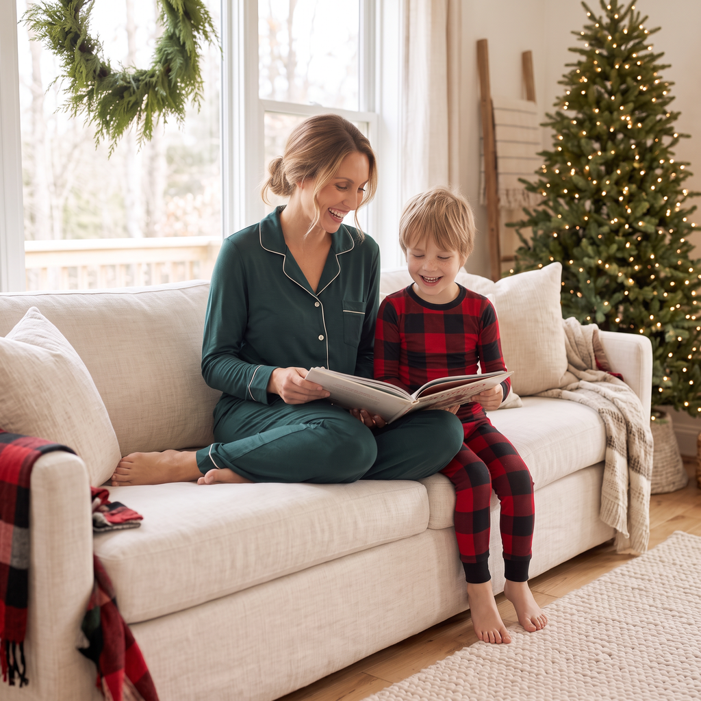 Mother wearing Balsam Women's Bamboo Button-Down Lounge Set reading a holiday storybook with her son in Canadian Plaid Bamboo PJs