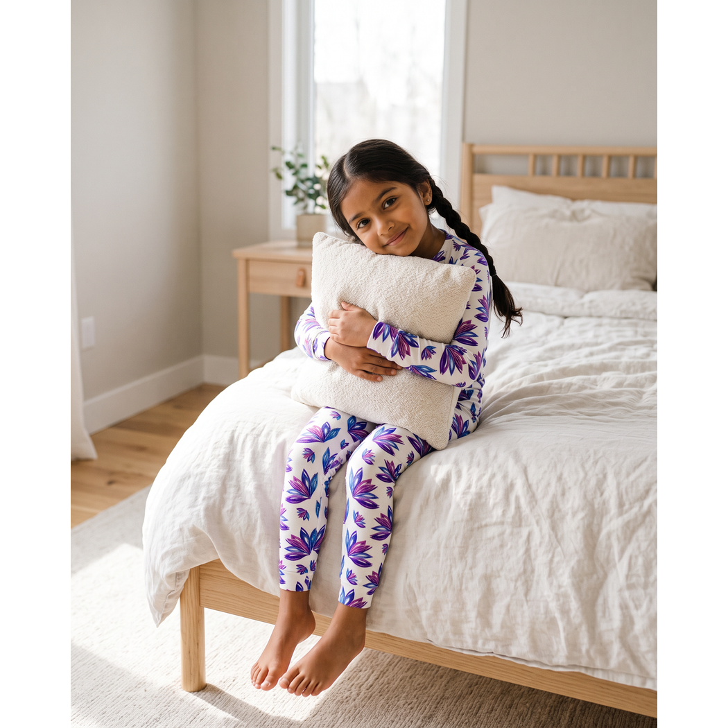 Girl wearing Lily Bamboo PJs in purple watercolour floral print, sitting on a cozy bed