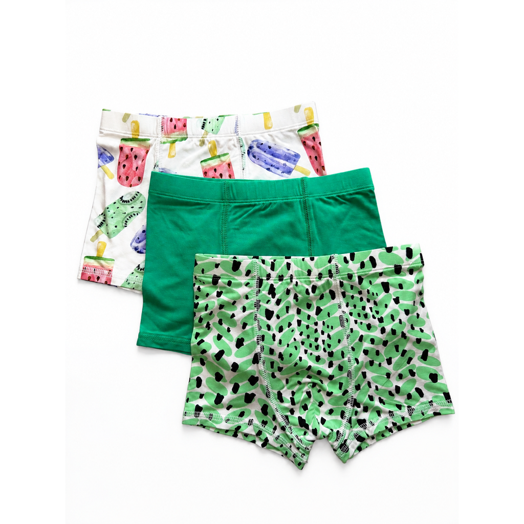 Cactus Boys Underwear 3-pack: popsicle print, solid green and green dot boxer briefs, laid flat