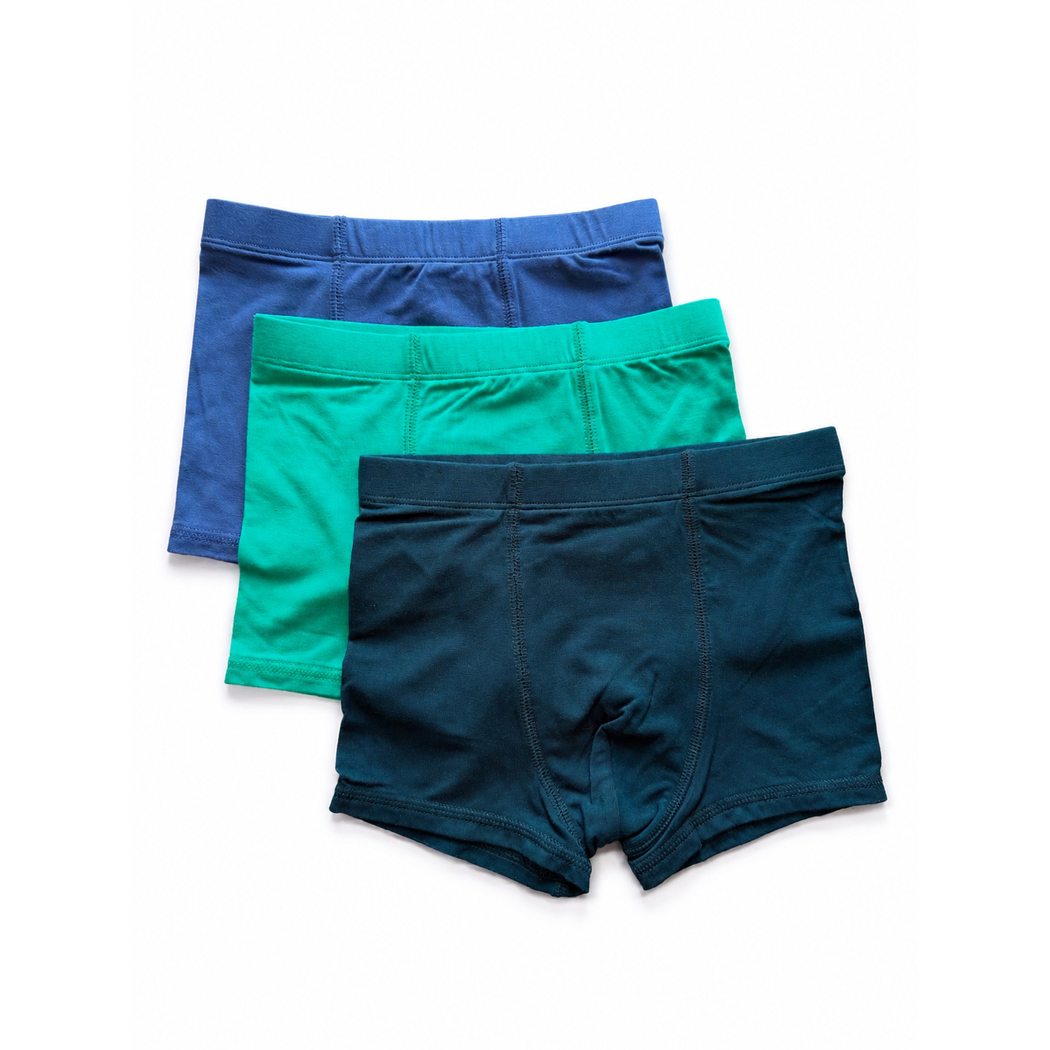 Solids Boys Underwear 3-pack in blue, teal and navy, laid flat