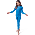 A child wearing a blue bamboo PJ set, consisting of a long-sleeved top and pants, standing on a white background.