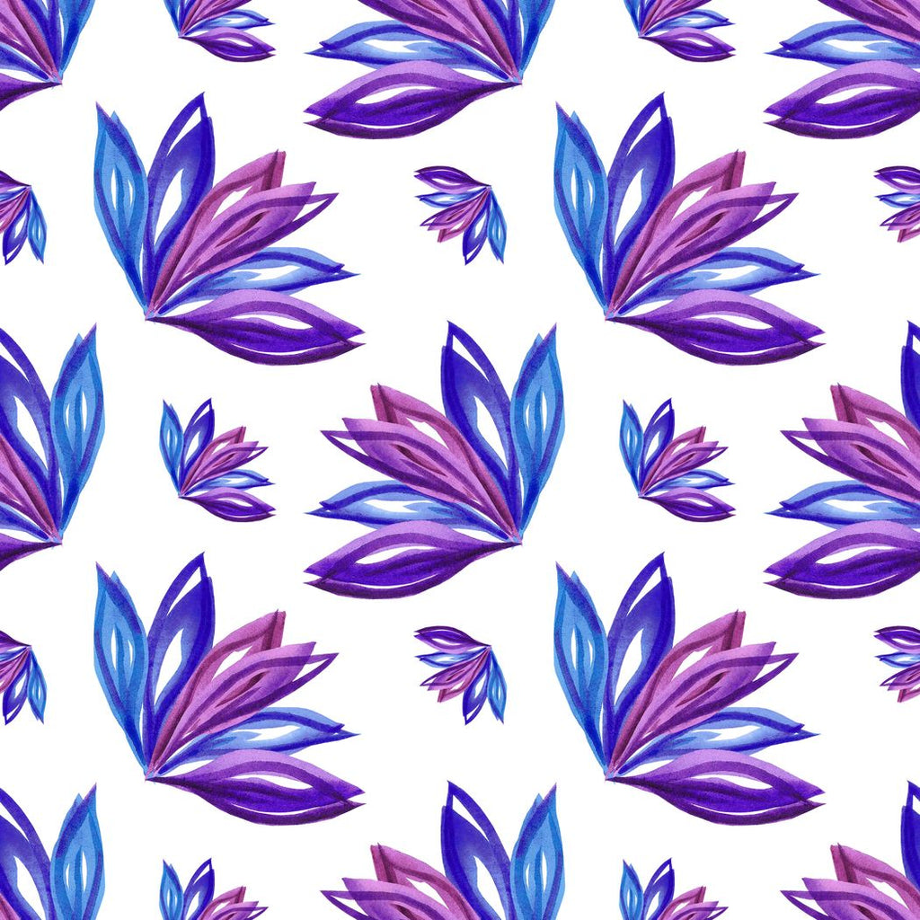 Lily print close-up: blue and purple watercolour leaves on white