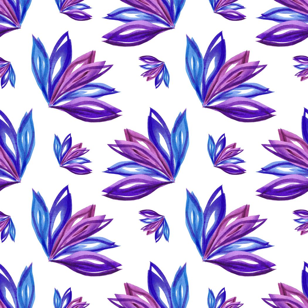 Lily print close-up: blue and purple watercolour leaves on white