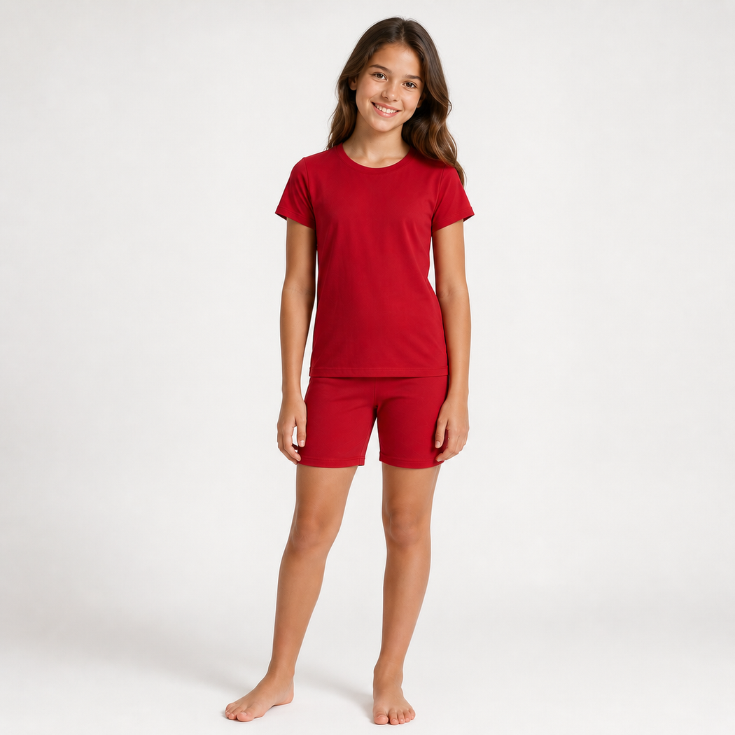 Young girl wearing a red t-shirt and shorts set on a white background