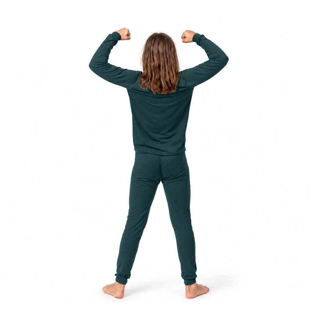 Girl flexing her arms in Sea Moss Bamboo PJs, back view