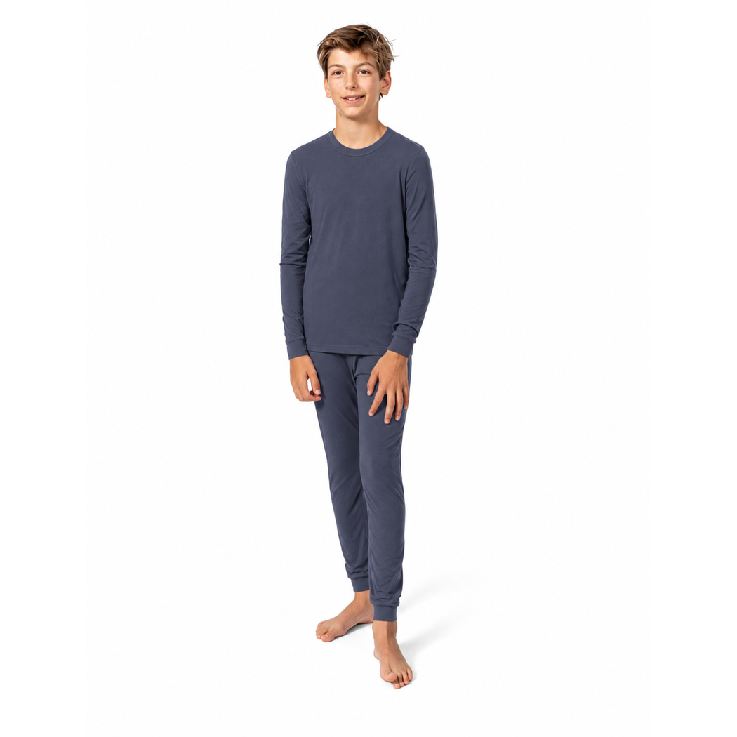 Older boy wearing Vintage Indigo Bamboo PJs, front view