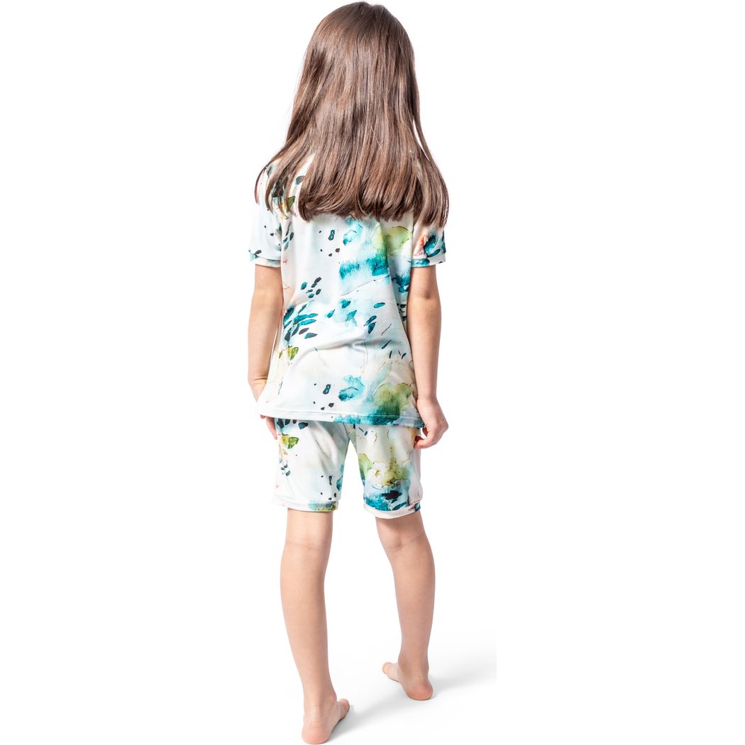 Girl wearing Aurora Bamboo Shorties PJ Set in blue, back view