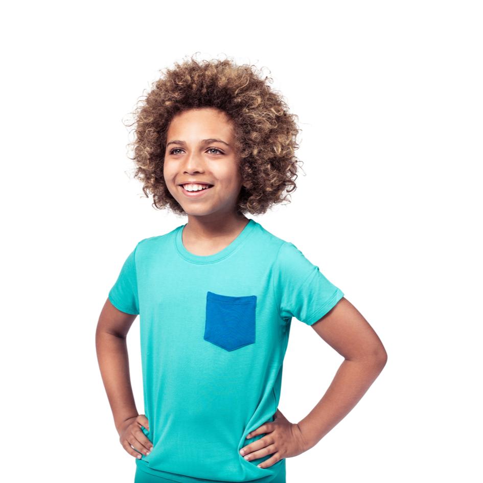 Boy wearing Bahamas Kids T-Shirt in blue, front view