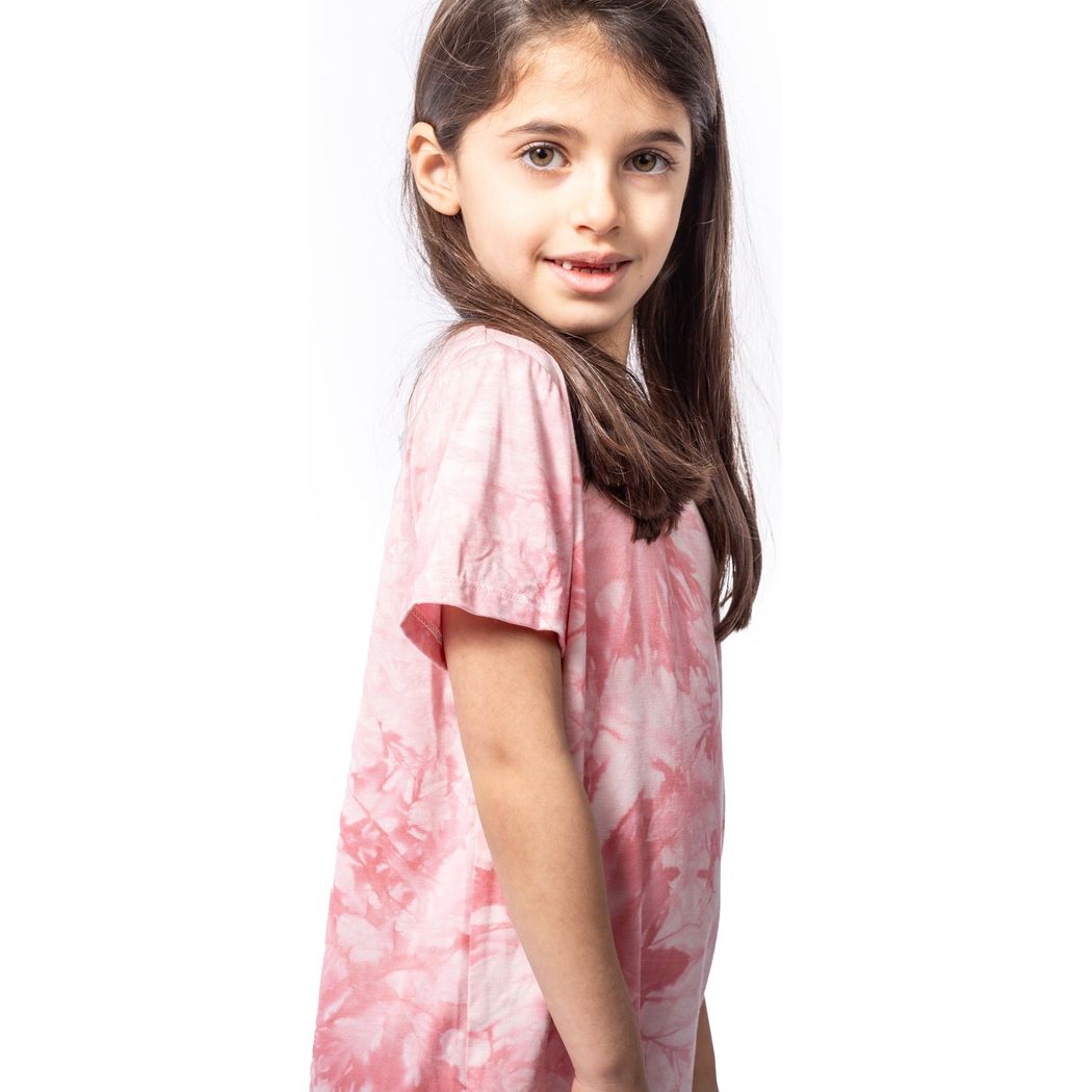 Girl wearing Berry Tie Dye Kids T-Shirt in pink, side view