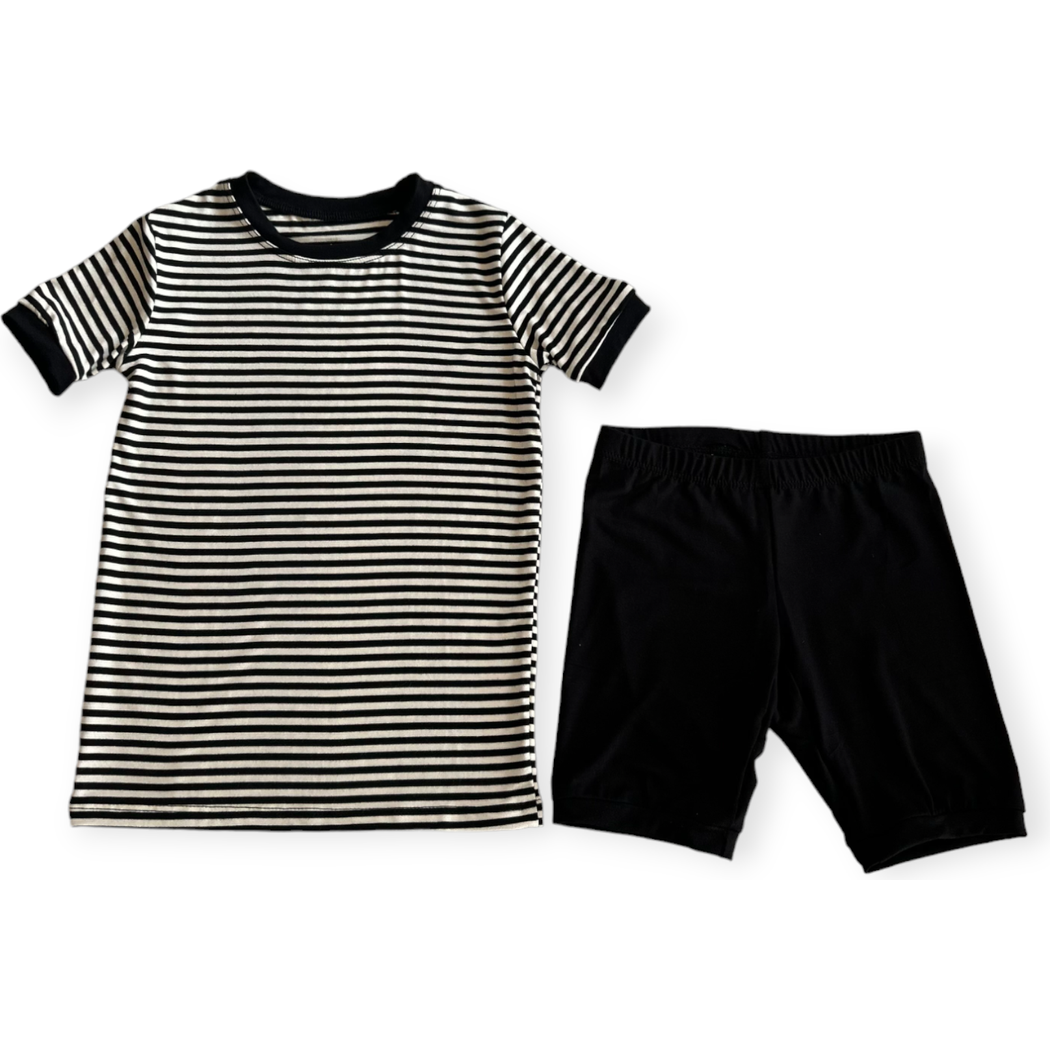 Black Stripe Bamboo Shorties PJ Set laid flat on a white background