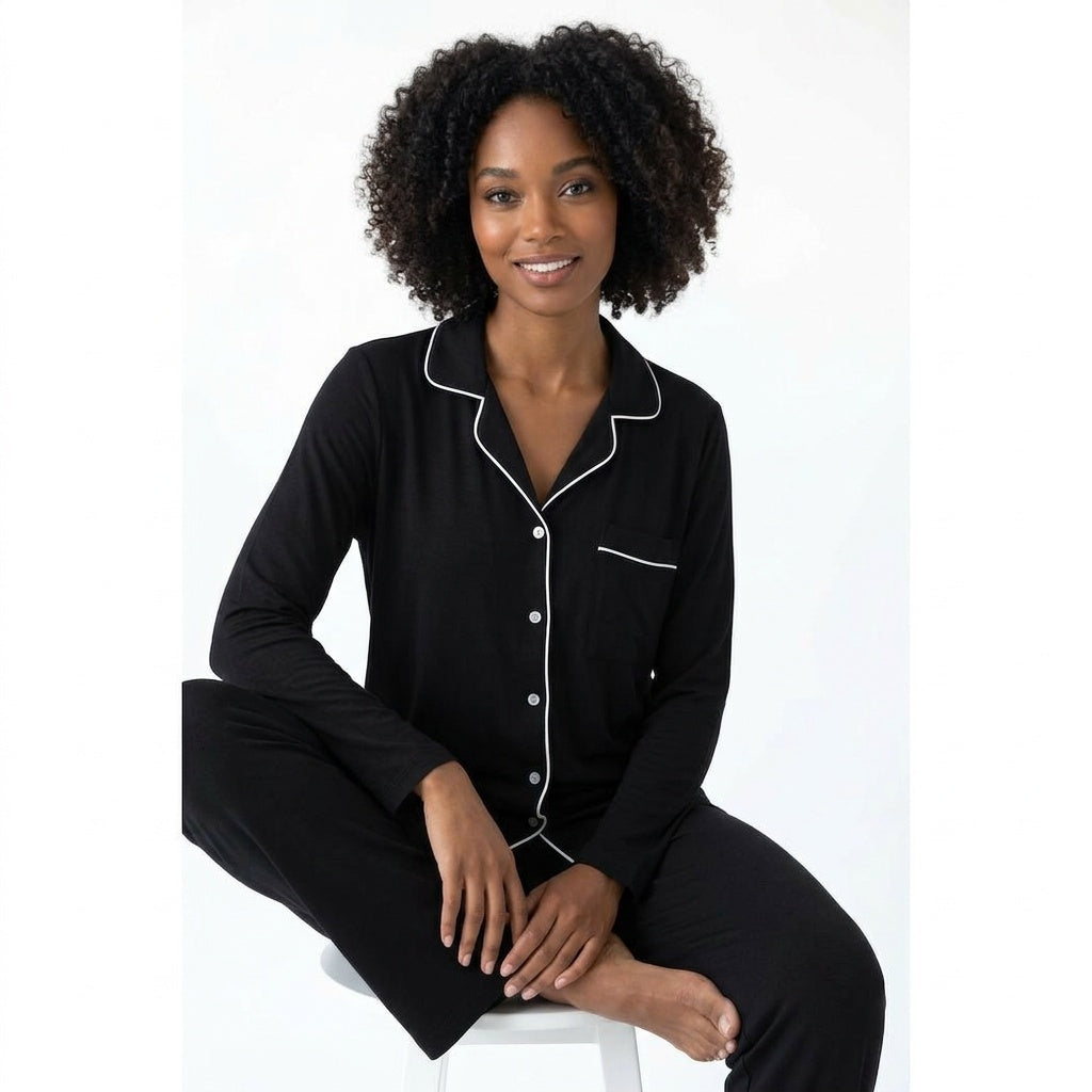 Woman wearing Black Women's Button-Down Lounge Set in a home setting