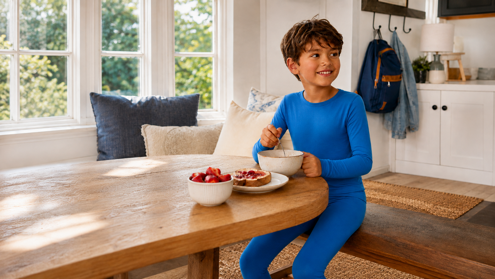 A young boy wearing a bright blue long-sleeve pajama set sits at a wooden table in a bright kitchen, holding a bowl and spoon with a plate of waffles and strawberries in front of him.
