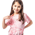 Girl wearing Bubble Gum Tie Dye Kids T-Shirt in pink, front view