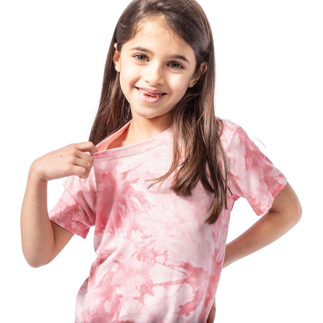 Girl wearing Bubble Gum Tie Dye Kids T-Shirt in pink, front view