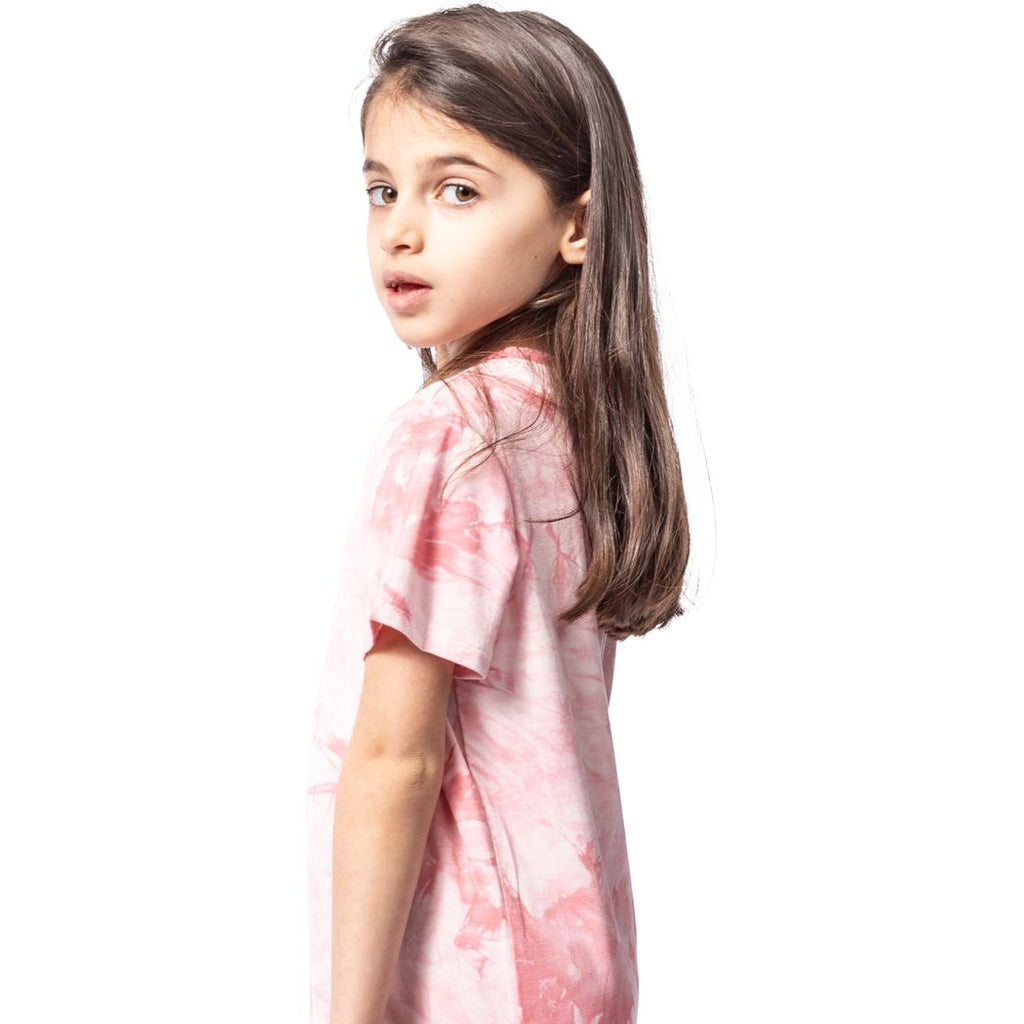 Girl wearing Bubble Gum Tie Dye Kids T-Shirt in pink, side view