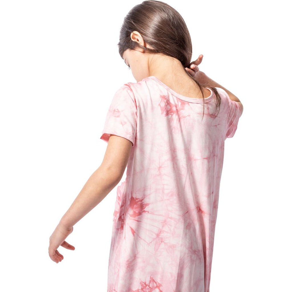 Girl wearing Bubble Gum Tie Dye Kids Snuggle Dress in pink, back view