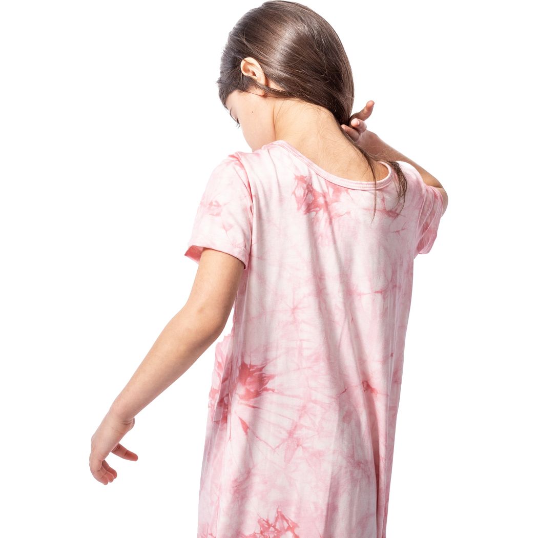 Girl wearing Bubble Gum Tie Dye Kids Snuggle Dress in pink, back view