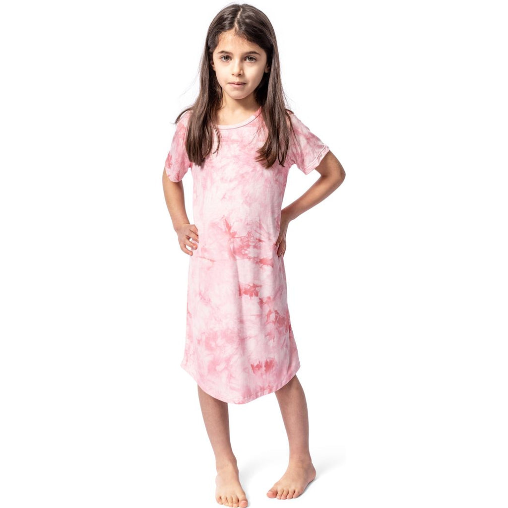 Girl wearing Bubble Gum Tie Dye Kids Snuggle Dress in pink, front view