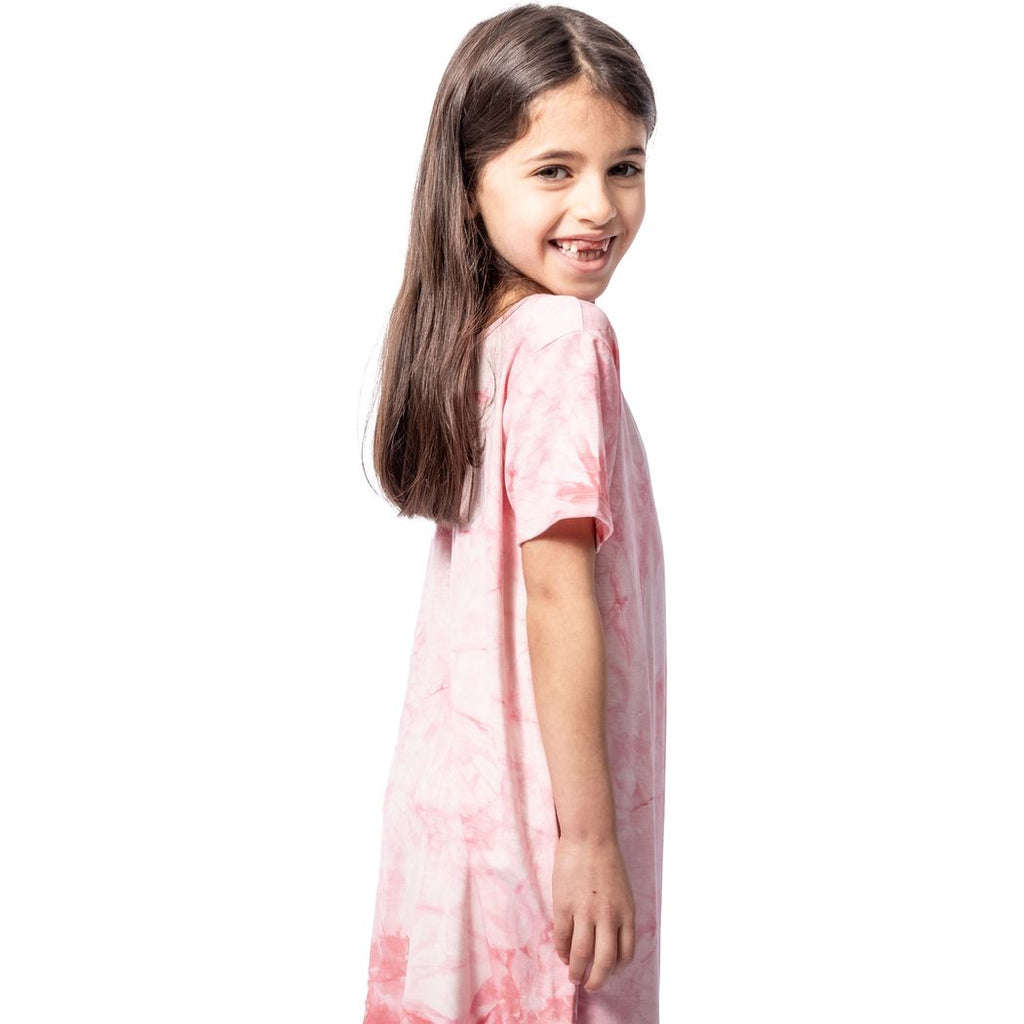 Girl wearing Bubble Gum Tie Dye Kids Snuggle Dress in pink, side view