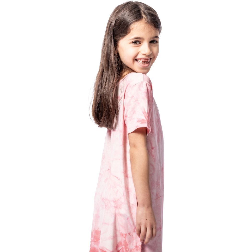 Girl wearing Bubble Gum Tie Dye Kids Snuggle Dress in pink, side view