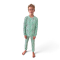 Boy wearing Cactus Bamboo PJs, long-sleeve top and jogger pants in green and black print, front view