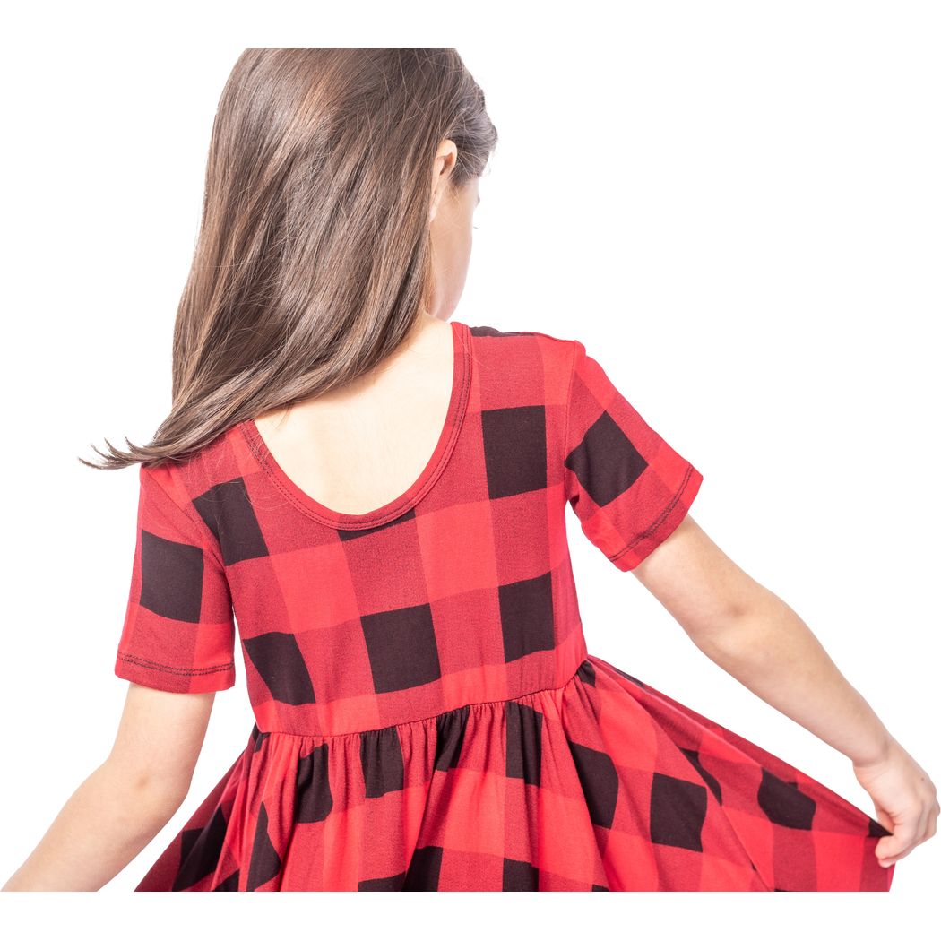 Close-up detail of girl wearing Canadian Plaid Kids Twirl Dress in red