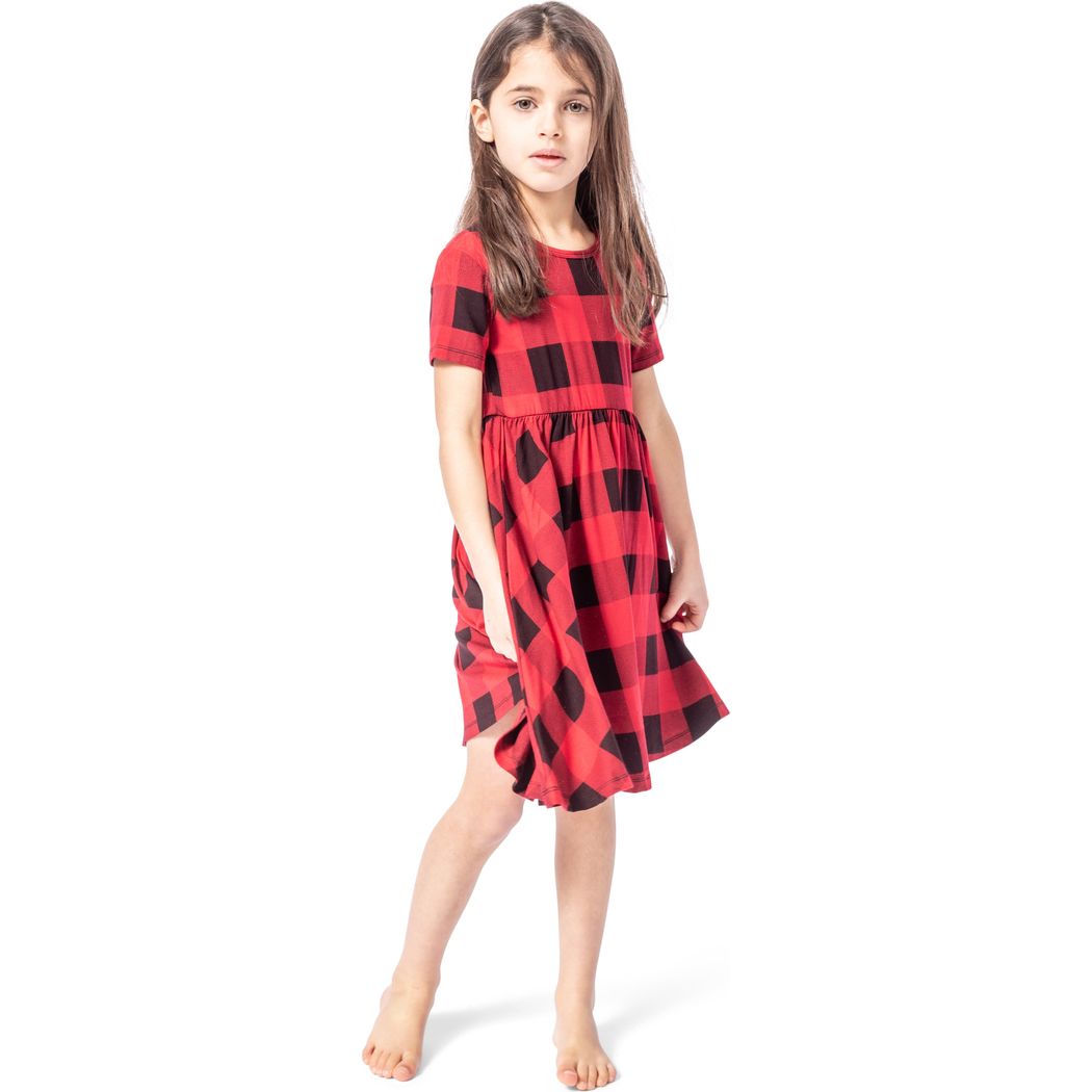 Girl wearing Canadian Plaid Kids Twirl Dress in red, front view