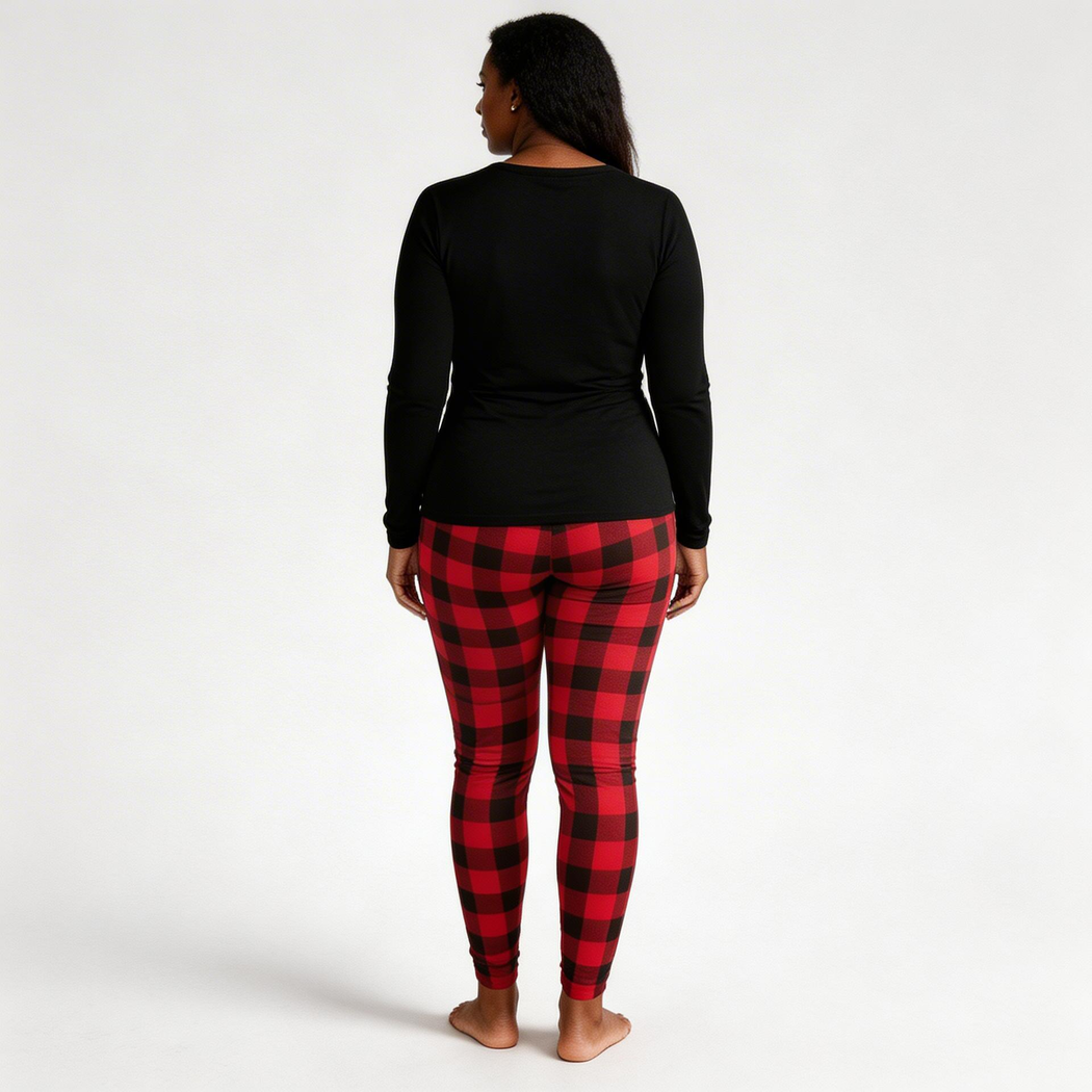 Woman wearing Canadian Plaid Women's Leggings in red, back view