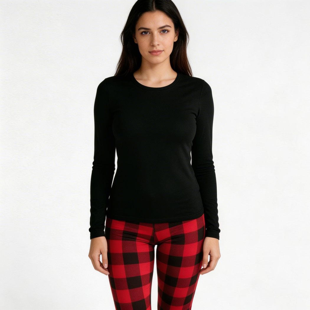 Woman wearing Canadian Plaid Women's Leggings in red, front view