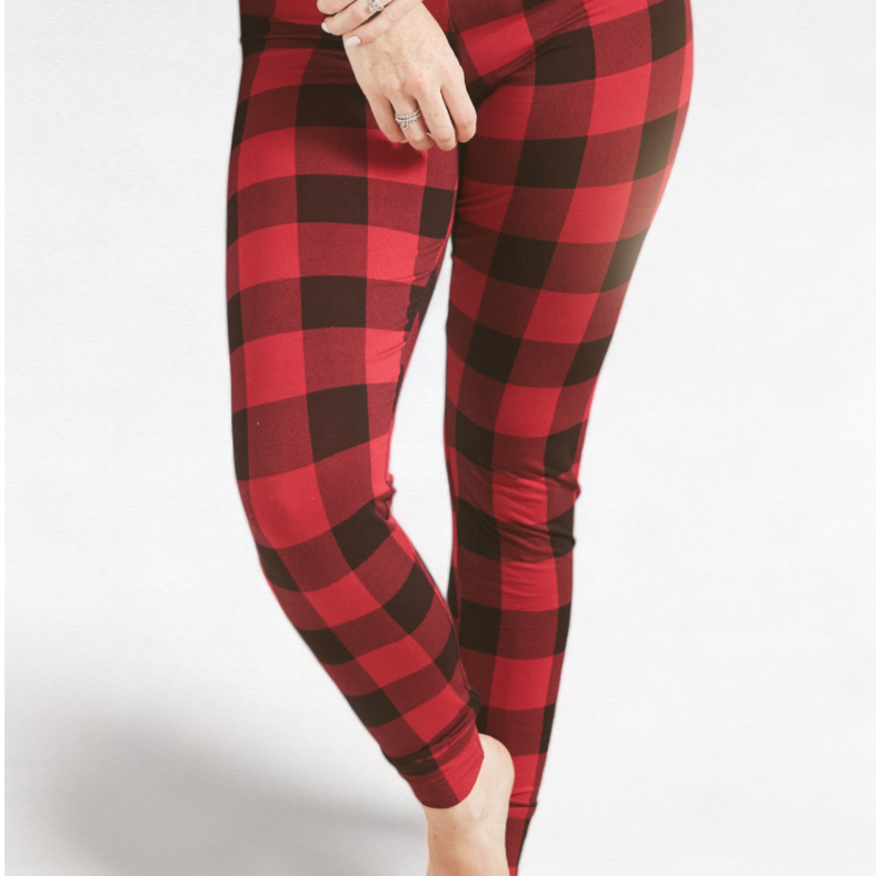 Close-up detail of woman wearing Canadian Plaid Women's Leggings in red