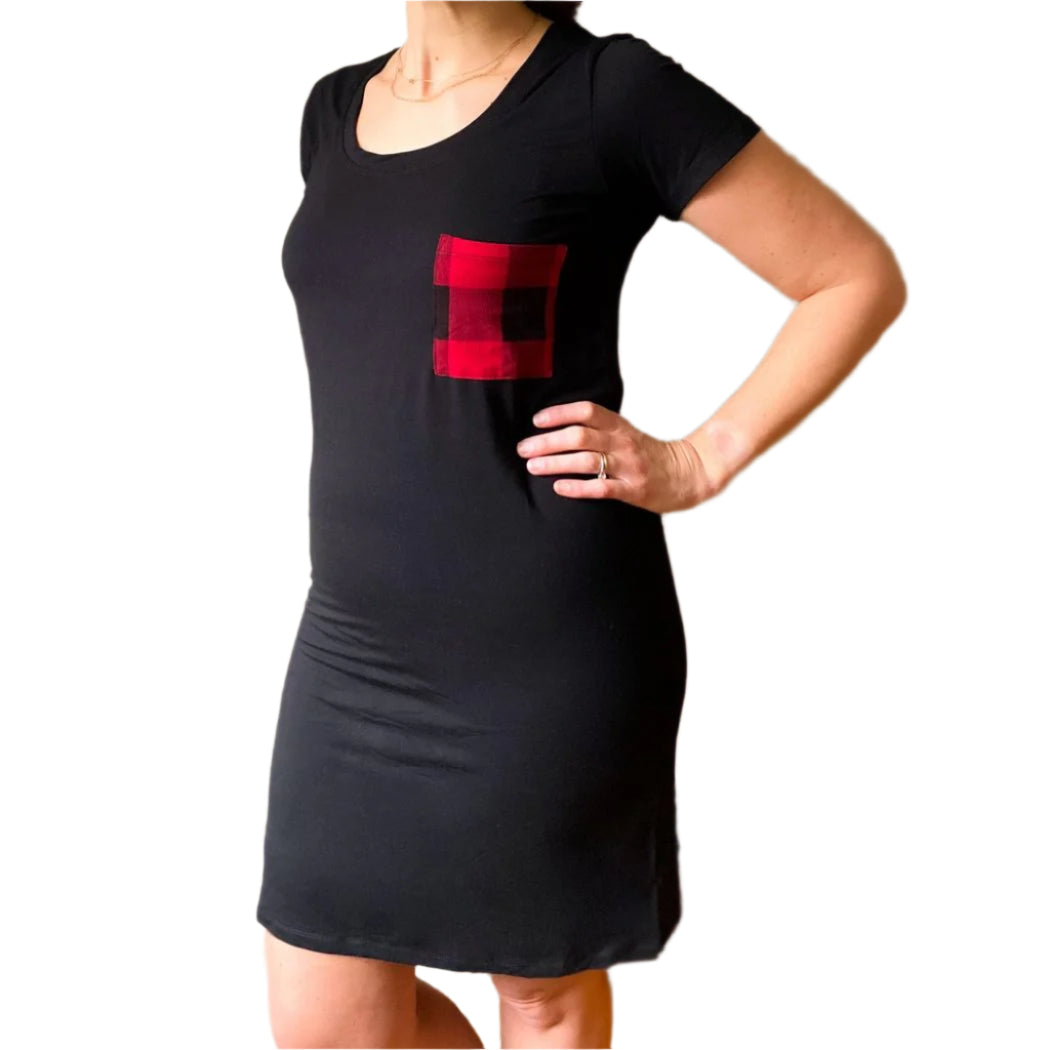 Woman wearing Canadian Plaid Women's Nightie in red, front view