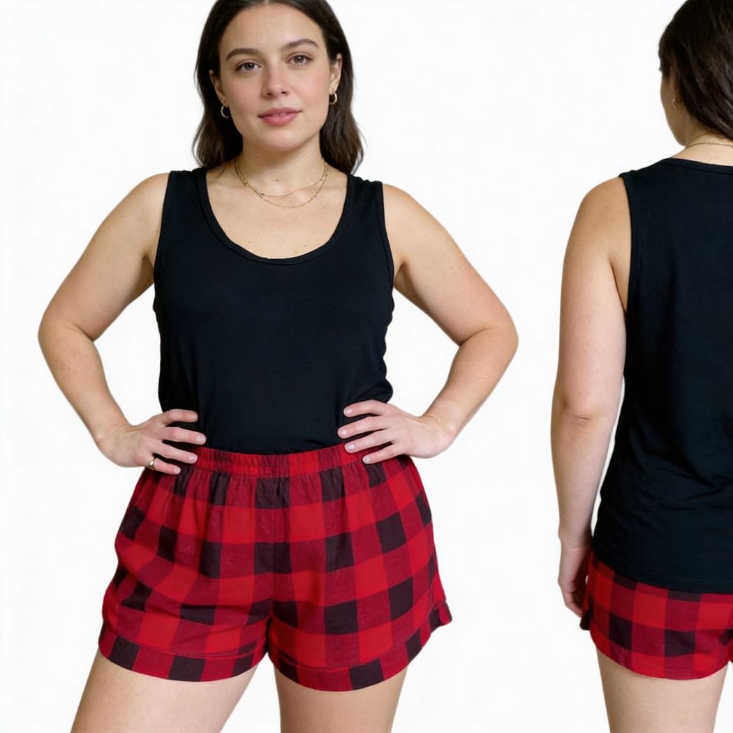 Woman wearing Canadian Plaid Women's Shorts in red, front view