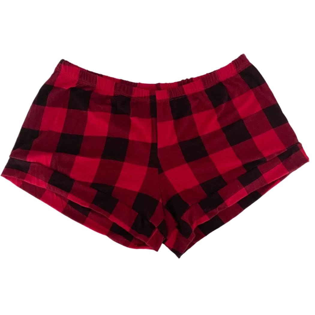Canadian Plaid Women's Shorts in red laid flat on a white background