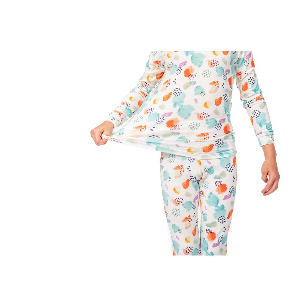 Close-up detail of child wearing Confetti Cloud Kids Bamboo PJs in multicolor