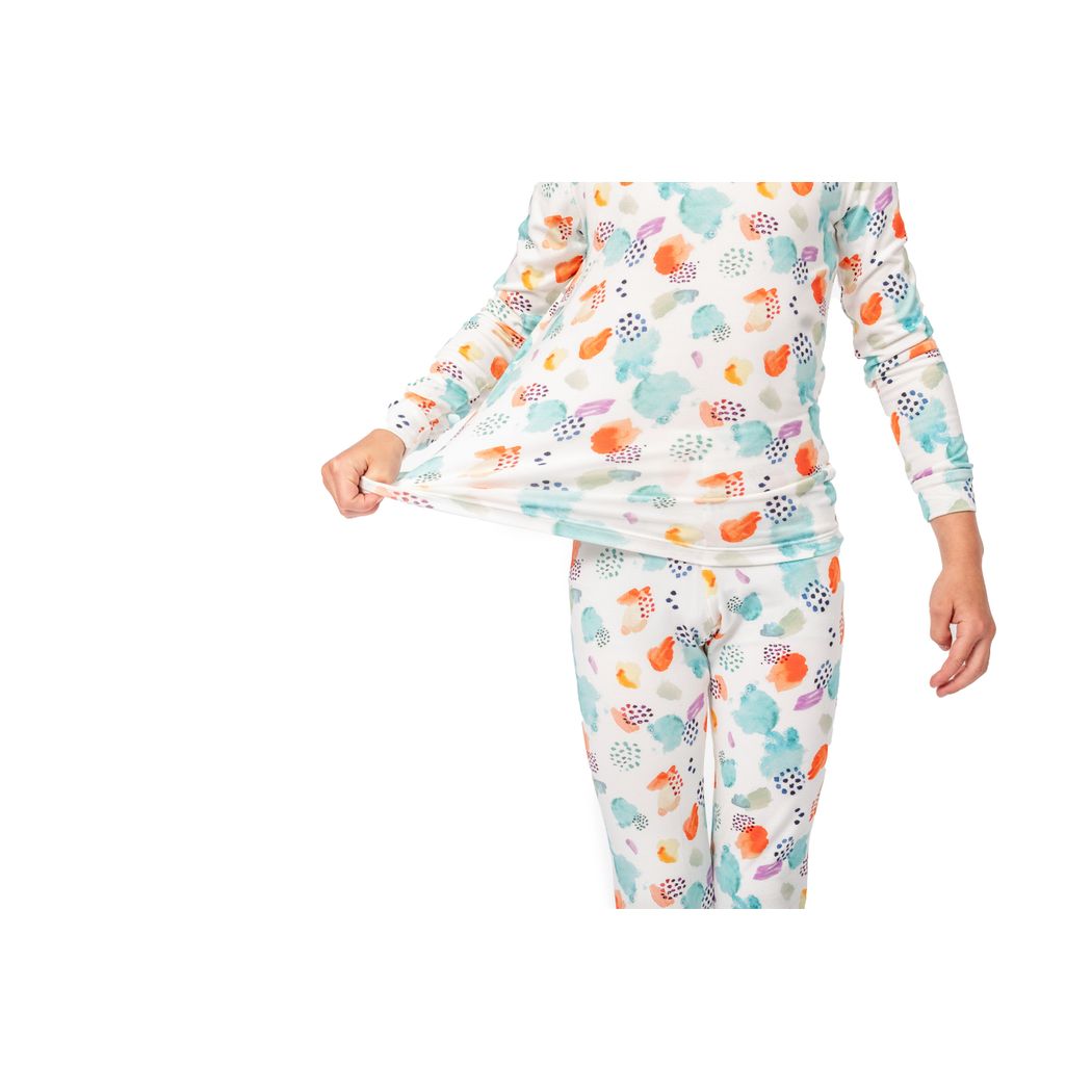 Close-up detail of child wearing Confetti Cloud Kids Bamboo PJs in multicolor