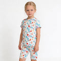 Girl wearing Confetti Bamboo Shorties PJ Set in multicolor, front view