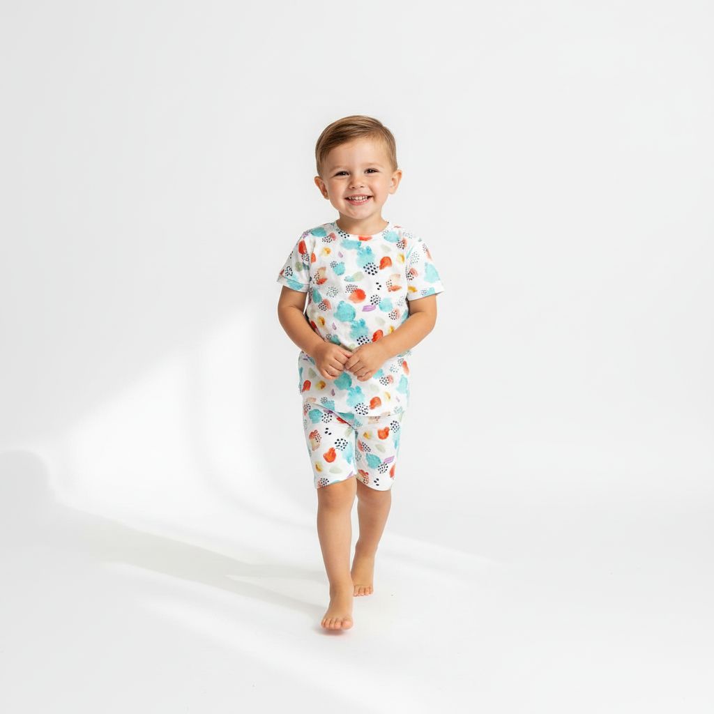 Toddler wearing Confetti Bamboo Shorties PJ Set in multicolor, front view