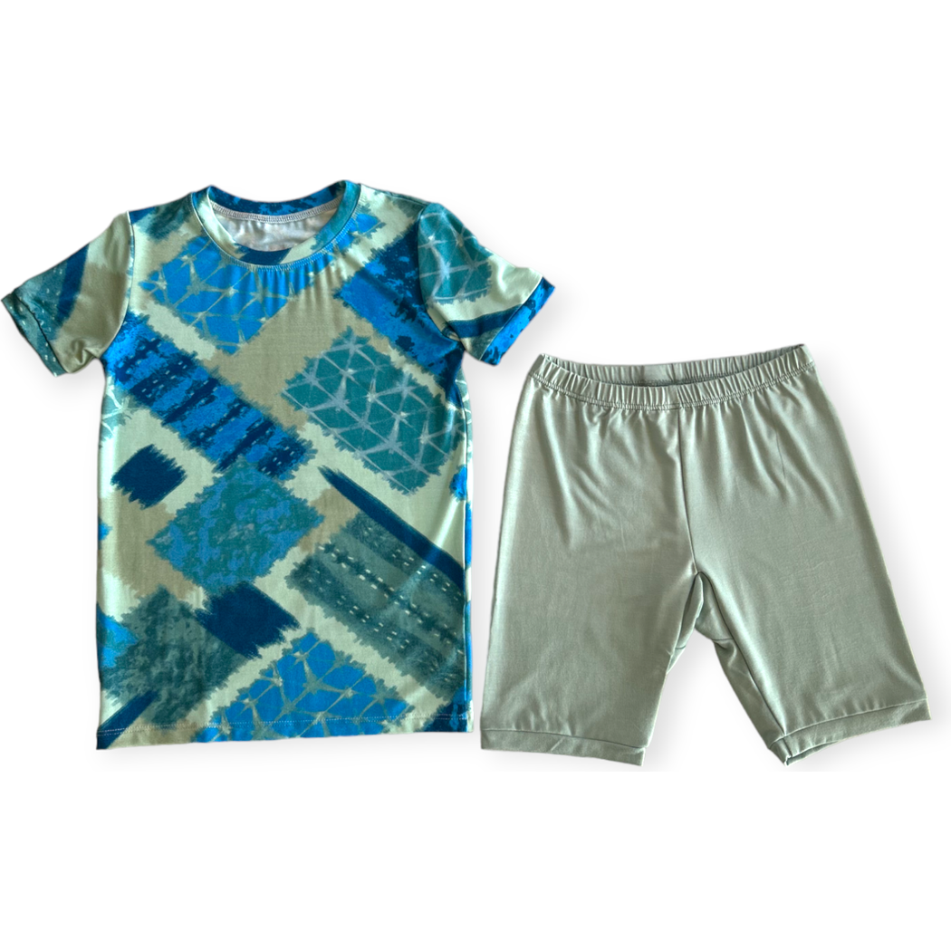 Cosmic Mint Bamboo Shorties PJ Set in blue laid flat on a white background
