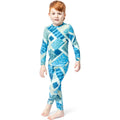 Boy wearing Cosmic Kids Bamboo PJs in blue, front view