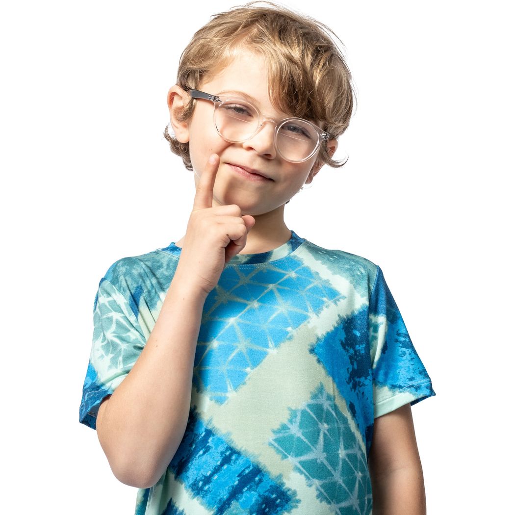 Boy wearing Cosmic Kids T-Shirt in blue, front view