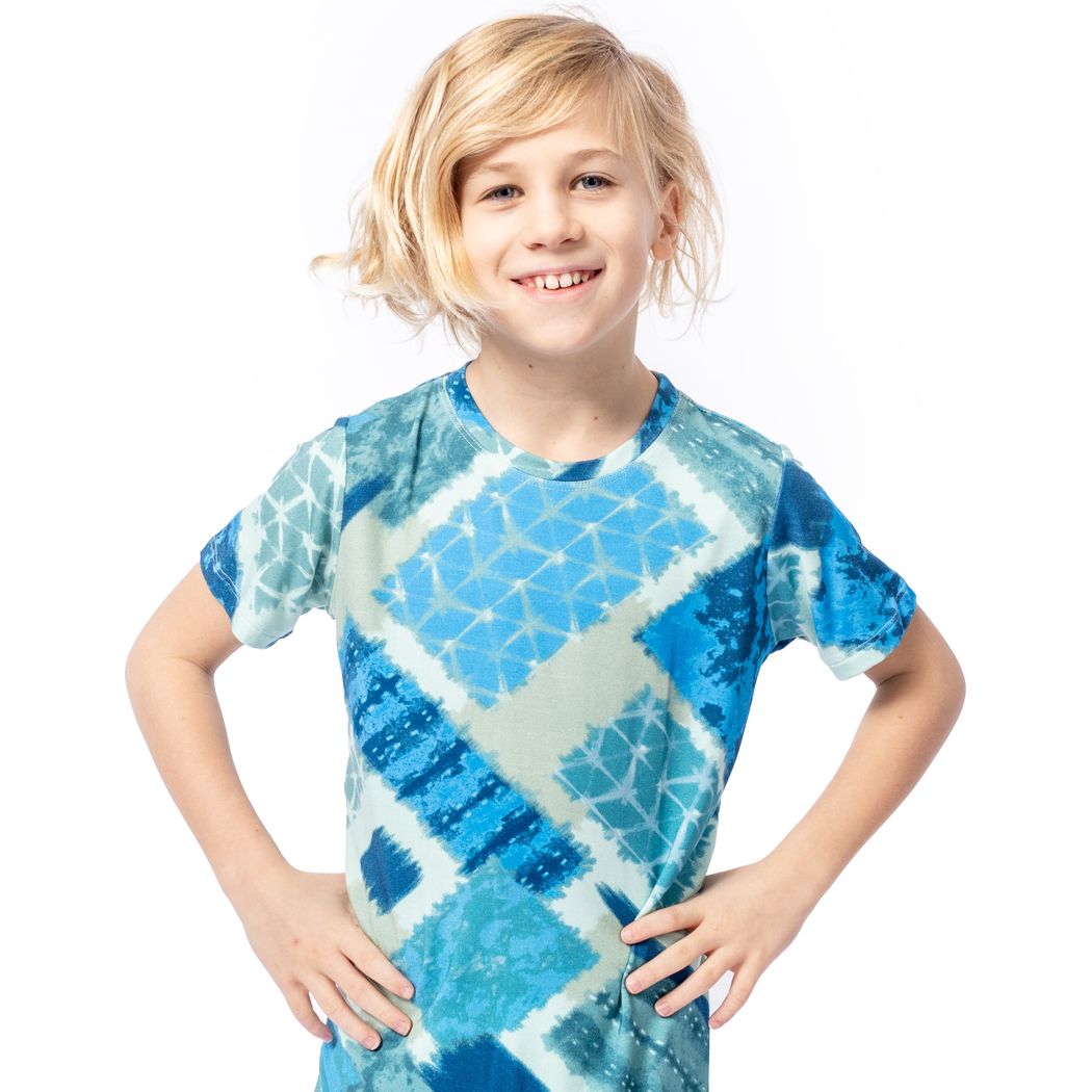 Girl wearing Cosmic Kids T-Shirt in blue, front view