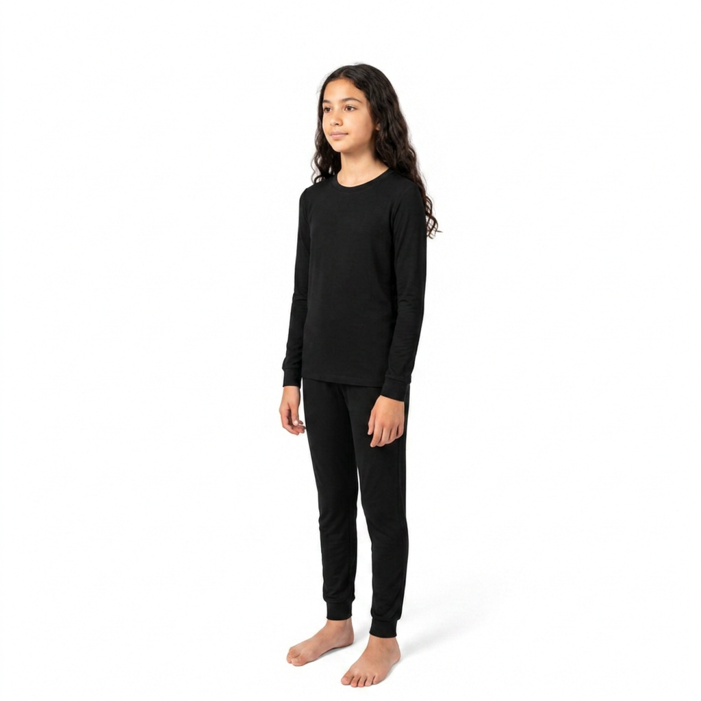Girl wearing PIKA solid black bamboo pyjama set, front three-quarter view