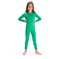 Girl with hands on hips wearing Deep Mint Bamboo PJs in bright green, front view