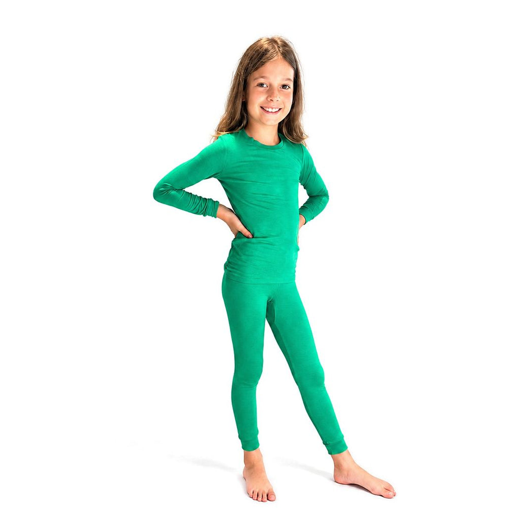 Girl in Deep Mint Bamboo PJs, three-quarter view