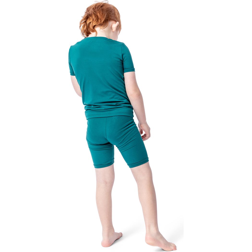 Boy wearing Emerald Bamboo Shorties PJ Set in green, back view