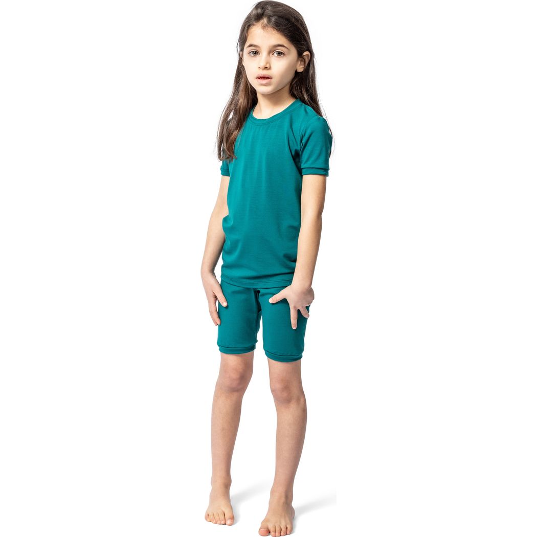 Girl wearing Emerald Bamboo Shorties PJ Set in green, front view