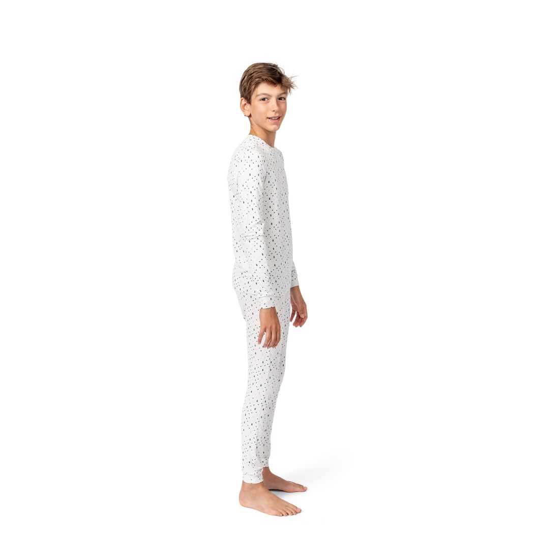 Boy wearing Evermint Kids Bamboo PJs, side view