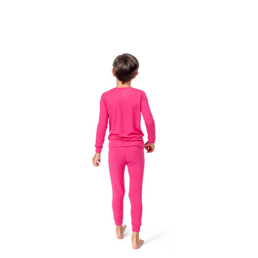 Boy wearing Fuchsia Kids Bamboo PJs in pink, back view