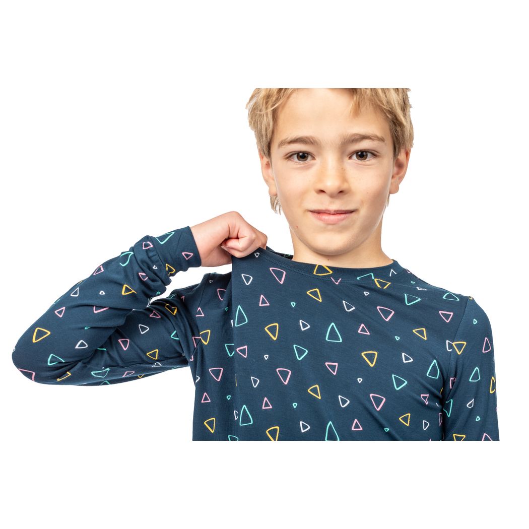 Close-up detail of boy wearing Geo Kids Bamboo PJs in navy